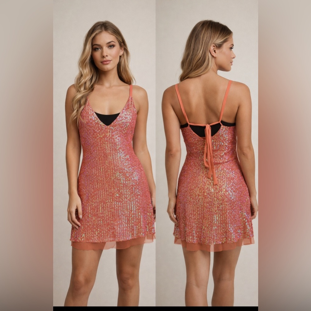 Free People Intimately Sequin Slip Dress Peach Pink Tie Back Mini size small